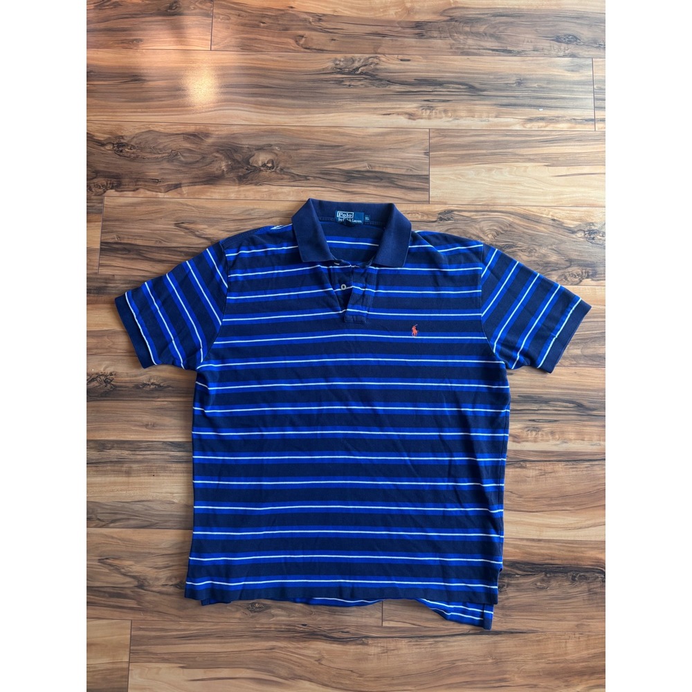 Polo Ralph Lauren Mens XL Blue Striped Cotton Short Sleeve Polo Shirt Red Pony